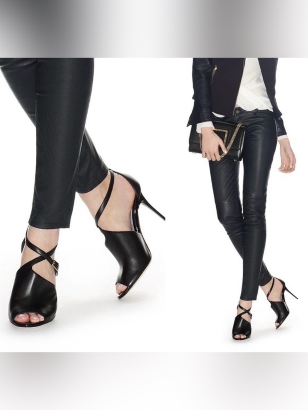 Jimmy Choo Black Leather Leigh Peep Toe Stiletto Heels Strappy Pump Sandal 39